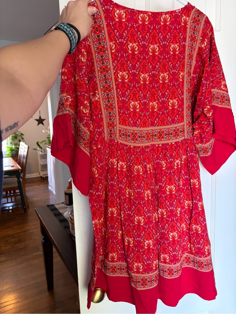 Red Bohemian Mini Dress with Decorative Paneling